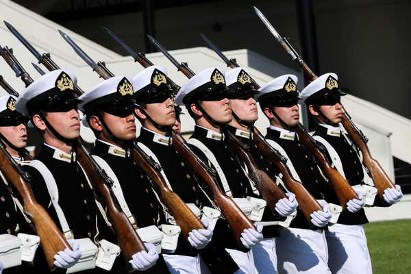 Soldiers march during the change of command ceremony of the Commander-in-Chief of the Chilean Navy. President of the Republic Gabriel Boric Font led the change of command ceremony of the Navy, with Admiral Fernando Cabrera Salazar assuming the position of Commander-in-Chief.