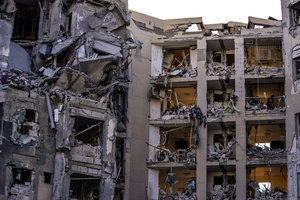 A residential building in Be’er Sheva destroyed by an Iranian ballistic missile, in which four Israelis were killed.
