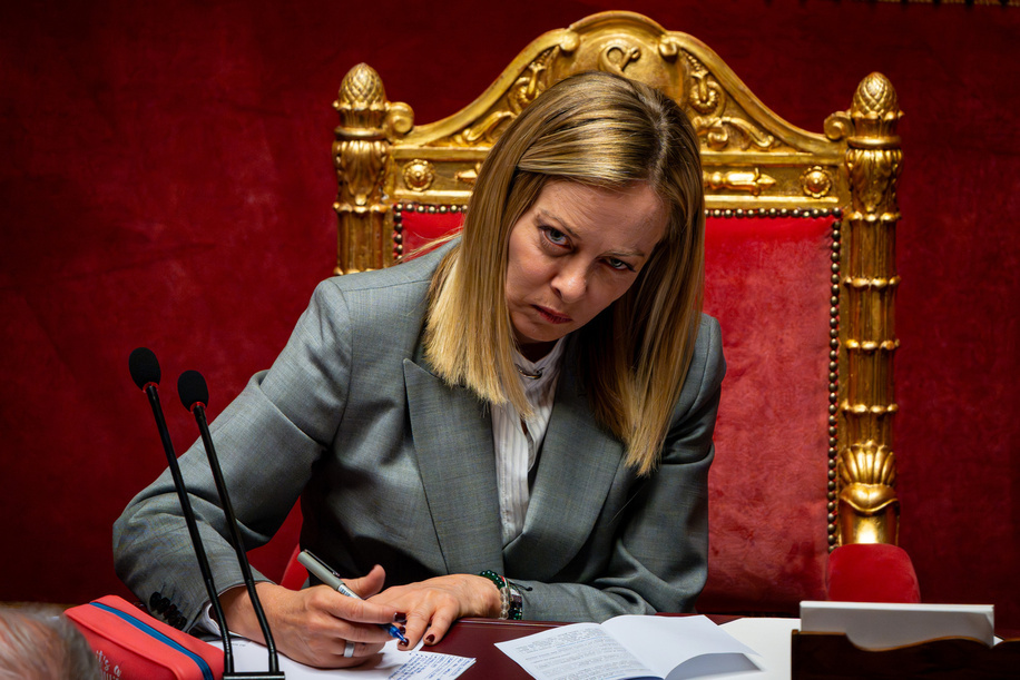 Italian Prime Minister Giorgia Meloni listens to statements from Senators after her speech at the Italian Senate ahead of the next European Council at Palazzo Madama in Rome.