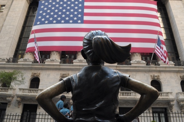 The "Fearless Girl" statue is seen in front of the New York Stock Exchange in the Financial District in Manhattan.