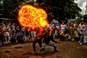 A stunt with fire during Ashura, the 10th day of Muharram in the Islamic calendar. Muharram is the first month of the Islamic calendar & Ashura is the tenth day of the month of Muharram, which commemorates the martyrdom of Imam Hussain, the grandson of Prophet Muhammad (PBUH), during the battle of Karbala. It is part of Mourning for Shia Muslims and a day of fasting for Sunni Muslims that is observed all over the World.