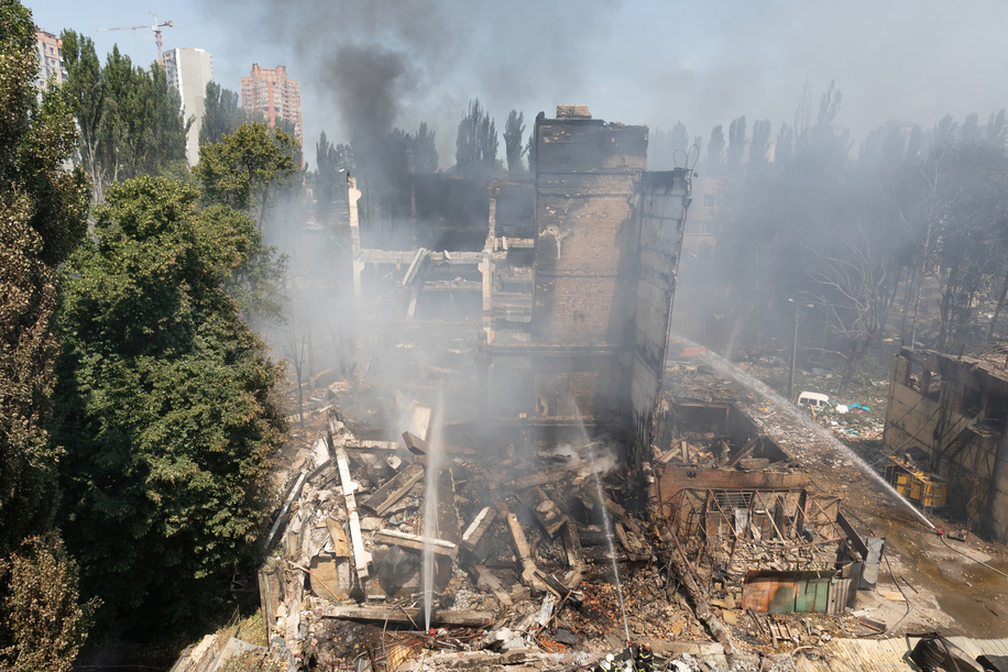 In Kyiv, destroyed and damaged buildings are seen following an air strike. Smoke rises from the rubble as emergency responders work to extinguish lingering fires in the aftermath. On the night of July 4, Russia carried out an unprecedented air attack on Ukraine, deploying over 550 drones and missiles. An air raid alert was declared across the country, but the main strike targeted Kyiv, where significant destruction and casualties were reported. According to Yuriy Ihnat, head of the communications department of the Ukrainian Air Force, this was Russia's most massive air attack since the full-scale invasion began. Among the 550 targets launched, over 330 were Shahed kamikaze drones, setting a new 