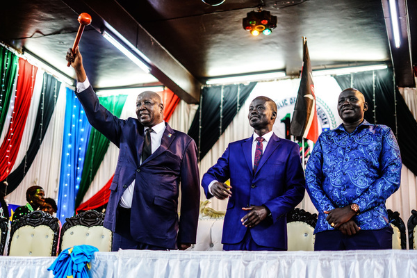 South Sudan s' Ambassador to Kenya, H.E. Amb. Anthony Louis Kon (3L) gestures during celebrations to mark the 14th anniversary of South Sudan’s independence from Sudan.