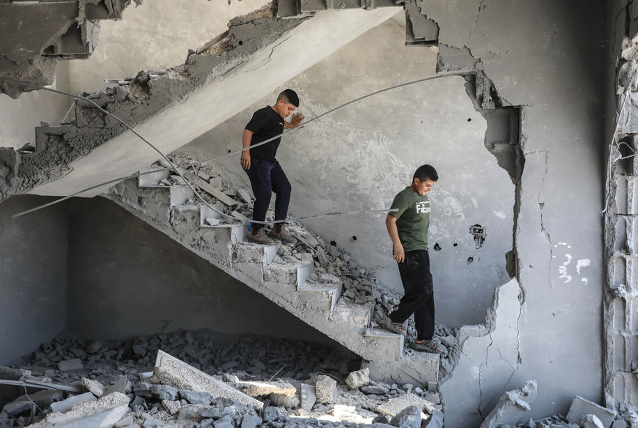 Palestinians inspect a house demolished by Israeli military forces in the town of Qabatiya, south of Jenin, in the West Bank. Israeli military forces blew up three homes of Palestinians, in the town of Qabatiya. Israel accused the home owners of killing three Israeli settlers and injuring others near the West Bank settlement of Kodumim.