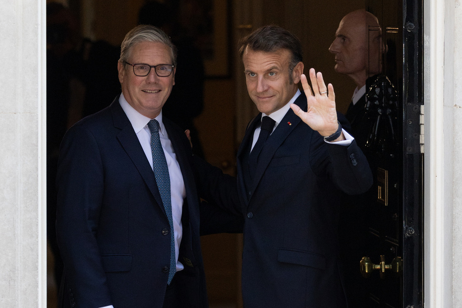 Prime Minister of the United Kingdom Sir Keir Starmer meets President of France Emmanuel Macron outside 10 Downing Street ahead of the UK, France Summit.