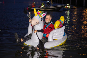Extinction Rebellion activists seen floating on a unicorn, during an attempt to block the path of Luxury Ocean liner the "Celebrity Eclipse" from docking at the Passages Terminal. A little before sunrise, climate activists from Extinction Rebellion, Netherlands attempted to block the path of Luxury Ocean liner the ‘Celebrity Eclipse’ from docking at the Passages Terminal in Amsterdam. The ‘Celebrity Eclipse’ is operated by Celebrity Cruises, a subsidiary of Royal Caribbean Group. The activists numbered 30 in all, with the majority in 2-person kayaks stating that "Cruise ships are floating environmental disasters. They should not be allowed in Dutch waters. We demand strict and binding national and international environmental standards and regulations, as well as strict enforcement and sanctions policy."