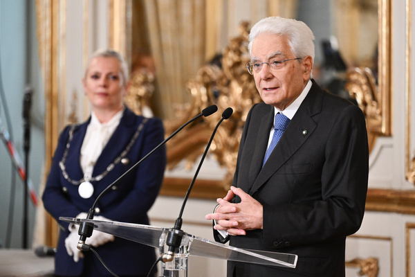 Sergio Mattarella, President of the Italian Republic speaks during the meeting with the Italian Women's National Team, semi-finalists of EURO 2025, at the Quirinale, Hall of Flags.