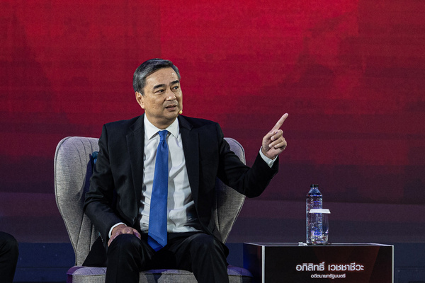 Thailand's former Prime Minister Abhisit Vejjajiva seen speaking at a conference organized by a media organization. Abhisit Vejjajiva is a Thai politician who was the 27th prime minister of Thailand from 2008 to 2011. He was the leader of the Democrat Party from 2005 until he resigned following the party's weak performance in the 2019 election.