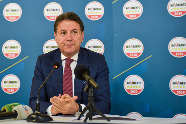 Giuseppe Conte, leader of the Five Star Movement, speaks during a press conference at the party headquarters.