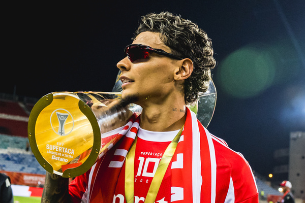 Richard Rios of SL Benfica holds the victory cup of the Portuguese Super Cup Candido de Oliveira match between Sporting CP and SL Benfica at Estadio do Algarve. (Final score: Sporting CP 0 - 1 SL Benfica)