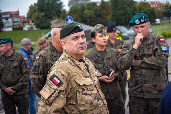 General Wieslaw Kukula (front) watches on during the press conference. Polish armed forces and those of allies stationed in the country take part in a rehearsal in preparation for a parade on National Armed Forces Day on the 15th August. Soldiers muster as the sun rises over the Vistula River and march past grandstands prepared for dignitaries. The soldiers were followed by mechanised divisions travelling in tanks and a variety of armoured vehicles. Afterwards, deputy Prime Minister and Minister of National Defence, Wladyslaw Kosiniak-Kamysz addressed a post rehearsal press conference where he is accompanied by the Chief of the General Staff of the Polish Armed Forces, General Wieslaw Kukula.
