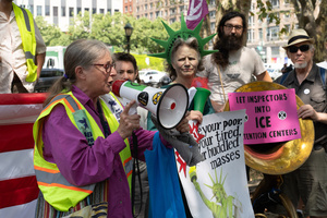Demonstrators chant outside of the Immigration Court. Demonstrators of the group "Extinction Rebellion" protest outside of the Immigration Court at 26 Federal Plaza against ICE detainments and inhumane holding conditions.