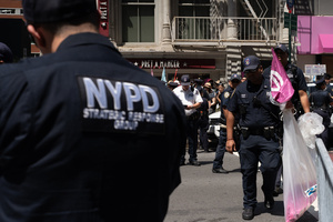 Demonstrators of the group "Extinction Rebellion" protest outside of the Immigration Court. Demonstrators of the group "Extinction Rebellion" protest outside of the Immigration Court at 26 Federal Plaza against ICE detainments and inhumane holding conditions.