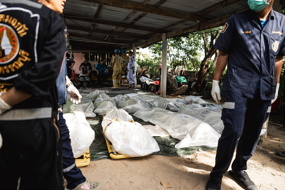 (EDITOR'S NOTE : Image depicts death) 
Emergency workers and officials document and prepare the bodies of victims under a makeshift shelter after the accident. A powerful explosion tore through a house in Ban Pho, where fireworks were reportedly being assembled. The blast killed at least nine people, all believed to be women, and injured two others. Nearby homes were also damaged in the incident.