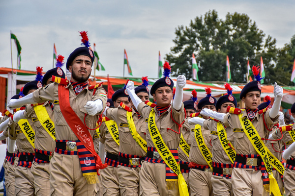 School students march at the Bakshi-stadium during the India's 79th Independence Day celebration. The authorities in Kashmir valley organized official functions to mark the 79th Independence Day amidst stepped up security vigil. Checkpoints have been erected at many places and frisking has been intensified.