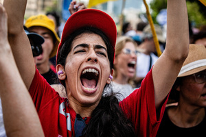 A protester chants during a demonstration. Demonstrators call on Israeli Prime Minister Benjamin Netanyahu to end the war in Gaza and to release all 50 Israeli hostages held by Hamas since October 7, 2023. On what was the biggest day of national mobilization, hundreds of thousands of people poured into the streets around the country to demand a Hostage release deal and an end to the war in Gaza.