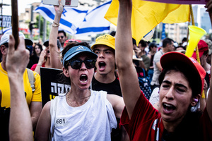 Protestors chant during a demonstration. Demonstrators call on Israeli Prime Minister Benjamin Netanyahu to end the war in Gaza and to release all 50 Israeli hostages held by Hamas since October 7, 2023. On what was the biggest day of national mobilization, hundreds of thousands of people poured into the streets around the country to demand a Hostage release deal and an end to the war in Gaza.