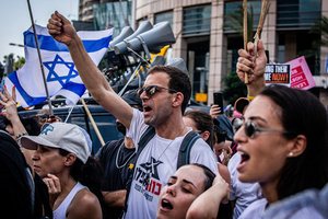 Protestors chant during a demonstration. Demonstrators call on Israeli Prime Minister Benjamin Netanyahu to end the war in Gaza and to release all 50 Israeli hostages held by Hamas since October 7, 2023. On what was the biggest day of national mobilization, hundreds of thousands of people poured into the streets around the country to demand a Hostage release deal and an end to the war in Gaza.