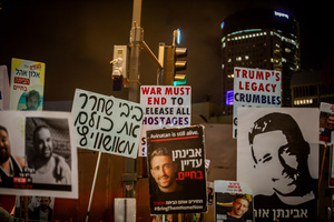 Placards showing Israeli hostages held in Gaza seen during a demonstration. Demonstrators call on Israeli Prime Minister Benjamin Netanyahu to end the war in Gaza and to release all 50 Israeli hostages held by Hamas since October 7, 2023. On what was the biggest day of national mobilization, hundreds of thousands of people poured into the streets around the country to demand a Hostage release deal and an end to the war in Gaza.