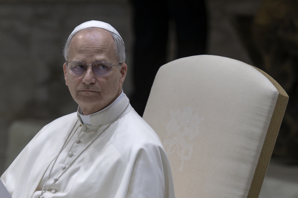 Pope Leo XIV seen during his weekly general audience in the Paul VI hall at the Vatican.