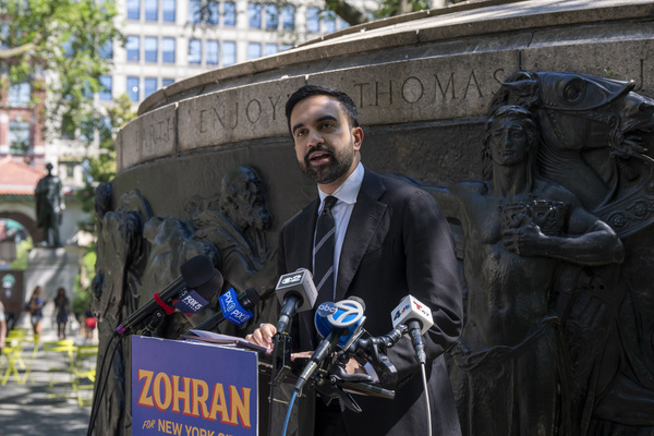 Democratic New York City mayoral candidate Zohran Mamdani speaks at a press briefing responding to latest corruption charges in the Adams' administration at Union Square Park.