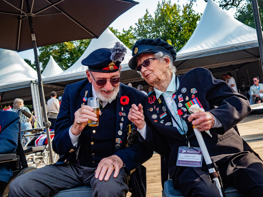 WWII veterans seen talking to each other. This march is the world’s biggest one-day memorial walking tour. This year, with a record number of 36,343 participants which is also in remembrance of the Battle of Arnhem in 1944. At the finish line as every year, British veterans who fought for Dutch freedom in World War II were present.