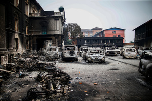Burnt vehicles are seen inside the Department of Roads following the Gen Z protests in Kathmandu, Nepal, on Wednesday, September 10, 2025, the third day of an army-imposed curfew. The demonstrations, fueled by anger over corruption, the social media ban, and the killing of more than 19 youths, forced Prime Minister K.P. Sharma Oli to resign. The country remains under army control amid ongoing unrest.