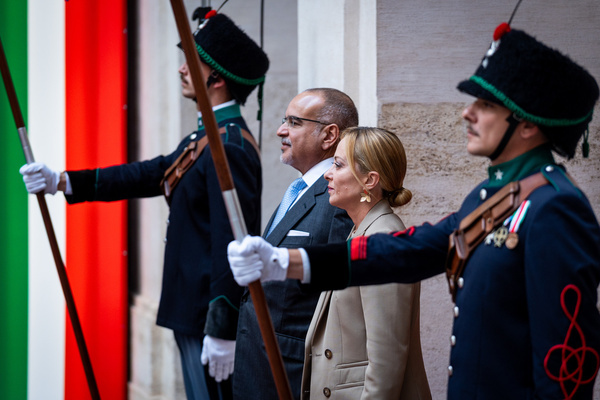 Italian Prime Minister Giorgia Meloni receives the His Royal Highness Prince Salman bin Hamad Al Khalifa, Crown Prince and Prime Minister of the Kingdom of Bahrain at Palazzo Chigi.