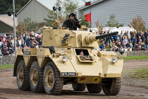 The running FV601 armored car seen during the showcase in the arena. The Tank Museum's Tiger Day is a biannually event at Bovington camp showcasing German Tiger 131, the only operational Tiger I tank in the world, it also features other World War II-era tanks including M4A2E8 Sherman "Fury", M3 Grant and the British Churchill tank. The event included a reenactment of the Battle of "Capture the Tiger", demonstrating how the Tiger 131 was captured on 24th April 1943 in Tunisia by 42nd Battalion Royal Armored Corps and 2nd Sherwood Foresters.