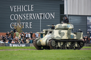 The running M3 Grant tank seen during the showcase in the arena. The Tank Museum's Tiger Day is a biannually event at Bovington camp showcasing German Tiger 131, the only operational Tiger I tank in the world, it also features other World War II-era tanks including M4A2E8 Sherman "Fury", M3 Grant and the British Churchill tank. The event included a reenactment of the Battle of "Capture the Tiger", demonstrating how the Tiger 131 was captured on 24th April 1943 in Tunisia by 42nd Battalion Royal Armored Corps and 2nd Sherwood Foresters.