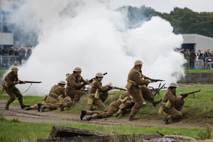 The advance of British soldiers during the Battle of "Capture the Tiger" reenactment. The Tank Museum's Tiger Day is a biannually event at Bovington camp showcasing German Tiger 131, the only operational Tiger I tank in the world, it also features other World War II-era tanks including M4A2E8 Sherman "Fury", M3 Grant and the British Churchill tank. The event included a reenactment of the Battle of "Capture the Tiger", demonstrating how the Tiger 131 was captured on 24th April 1943 in Tunisia by 42nd Battalion Royal Armored Corps and 2nd Sherwood Foresters.