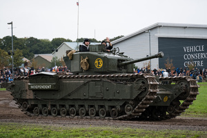 The running Churchill tank seen during the showcase in the arena. The Tank Museum's Tiger Day is a biannually event at Bovington camp showcasing German Tiger 131, the only operational Tiger I tank in the world, it also features other World War II-era tanks including M4A2E8 Sherman "Fury", M3 Grant and the British Churchill tank. The event included a reenactment of the Battle of "Capture the Tiger", demonstrating how the Tiger 131 was captured on 24th April 1943 in Tunisia by 42nd Battalion Royal Armored Corps and 2nd Sherwood Foresters.
