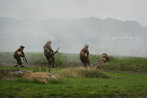The advance of British soldiers during the Battle of "Capture the Tiger" reenactment. The Tank Museum's Tiger Day is a biannually event at Bovington camp showcasing German Tiger 131, the only operational Tiger I tank in the world, it also features other World War II-era tanks including M4A2E8 Sherman "Fury", M3 Grant and the British Churchill tank. The event included a reenactment of the Battle of "Capture the Tiger", demonstrating how the Tiger 131 was captured on 24th April 1943 in Tunisia by 42nd Battalion Royal Armored Corps and 2nd Sherwood Foresters.
