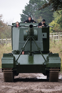 A running FV4005 Tank Destroyer seen during the showcase in the arena. The Tank Museum's Tiger Day is a biannually event at Bovington camp showcasing German Tiger 131, the only operational Tiger I tank in the world, it also features other World War II-era tanks including M4A2E8 Sherman "Fury", M3 Grant and the British Churchill tank. The event included a reenactment of the Battle of "Capture the Tiger", demonstrating how the Tiger 131 was captured on 24th April 1943 in Tunisia by 42nd Battalion Royal Armored Corps and 2nd Sherwood Foresters.