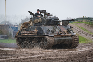 The running Sherman "Fury" seen during the showcase in the arena. The Tank Museum's Tiger Day is a biannually event at Bovington camp showcasing German Tiger 131, the only operational Tiger I tank in the world, it also features other World War II-era tanks including M4A2E8 Sherman "Fury", M3 Grant and the British Churchill tank. The event included a reenactment of the Battle of "Capture the Tiger", demonstrating how the Tiger 131 was captured on 24th April 1943 in Tunisia by 42nd Battalion Royal Armored Corps and 2nd Sherwood Foresters.