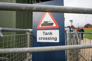 A warning sign that reads "Tank crossing". The Tank Museum's Tiger Day is a biannually event at Bovington camp showcasing German Tiger 131, the only operational Tiger I tank in the world, it also features other World War II-era tanks including M4A2E8 Sherman "Fury", M3 Grant and the British Churchill tank. The event included a reenactment of the Battle of "Capture the Tiger", demonstrating how the Tiger 131 was captured on 24th April 1943 in Tunisia by 42nd Battalion Royal Armored Corps and 2nd Sherwood Foresters.