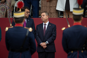 Emiliano García-Page, President of the Regional Government of Castilla-La Mancha attends the parade. During the Armed Forces parade on National Day led by King Felipe VI, Queen Letizia, their daughters Leonor de Borbón, Princess of Asturias and Infanta Sofía de Borbón.