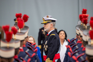 King Felipe VI attends the parade. During the Armed Forces parade on National Day led by King Felipe VI, Queen Letizia, their daughters Leonor de Borbón, Princess of Asturias and Infanta Sofía de Borbón.