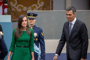 Queen Letizia (L), Leonor de Borbón, Princess of Asturias (C) and Pedro Sánchez (R), Spanish President attend the parade. During the Armed Forces parade on National Day led by King Felipe VI, Queen Letizia, their daughters Leonor de Borbón, Princess of Asturias and Infanta Sofía de Borbón.