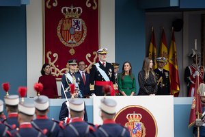 King Felipe VI attends the parade. During the Armed Forces parade on National Day led by King Felipe VI, Queen Letizia, their daughters Leonor de Borbón, Princess of Asturias and Infanta Sofía de Borbón.