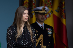 Infanta Sofía de Borbón attends the Parade. During the Armed Forces parade on National Day led by King Felipe VI, Queen Letizia, their daughters Leonor de Borbón, Princess of Asturias and Infanta Sofía de Borbón.