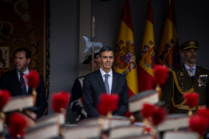 Pedro Sánchez, President of the Spanish Government attends the parade. During the Armed Forces parade on National Day led by King Felipe VI, Queen Letizia, their daughters Leonor de Borbón, Princess of Asturias and Infanta Sofía de Borbón.