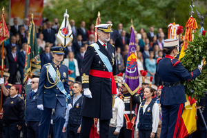 King Felipe VI and Leonor de Borbón, Princess of Asturias participate in the flag raising. During the Armed Forces parade on National Day led by King Felipe VI, Queen Letizia, their daughters Leonor de Borbón, Princess of Asturias and Infanta Sofía de Borbón.