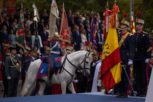 A soldier on horseback participates in the parade. During the Armed Forces parade on National Day led by King Felipe VI, Queen Letizia, their daughters Leonor de Borbón, Princess of Asturias and Infanta Sofía de Borbón.