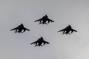 AAirplanes from the Spanish Air Force participate in the parade. During the Armed Forces parade on National Day led by King Felipe VI, Queen Letizia, their daughters Leonor de Borbón, Princess of Asturias and Infanta Sofía de Borbón.