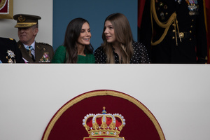 Queen Letizia (L) and Infanta Sofía de Borbón (R) attend the October 12th parade. During the Armed Forces parade on National Day led by King Felipe VI, Queen Letizia, their daughters Leonor de Borbón, Princess of Asturias and Infanta Sofía de Borbón.