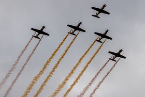 Airplanes from the Spanish Air Force participate in the parade. During the Armed Forces parade on National Day led by King Felipe VI, Queen Letizia, their daughters Leonor de Borbón, Princess of Asturias and Infanta Sofía de Borbón.