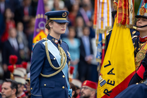 Leonor de Borbón, Princess of Asturias attends the parade. During the Armed Forces parade on National Day led by King Felipe VI, Queen Letizia, their daughters Leonor de Borbón, Princess of Asturias and Infanta Sofía de Borbón.