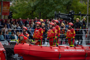 Representatives of the Emergency Military Unit (UME) seen during the parade. During the Armed Forces parade on National Day led by King Felipe VI, Queen Letizia, their daughters Leonor de Borbón, Princess of Asturias and Infanta Sofía de Borbón.