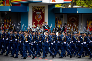 Representatives of the Air Force seen during the parade. During the Armed Forces parade on National Day led by King Felipe VI, Queen Letizia, their daughters Leonor de Borbón, Princess of Asturias and Infanta Sofía de Borbón.